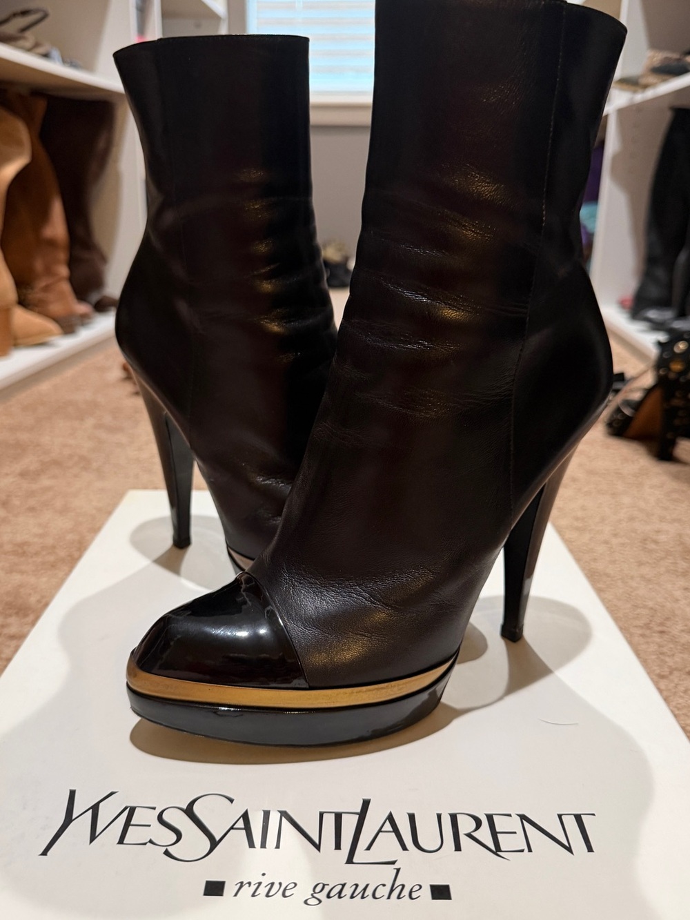 Yves Saint Laurent Black Leather Ankle Booties with Gold Accent